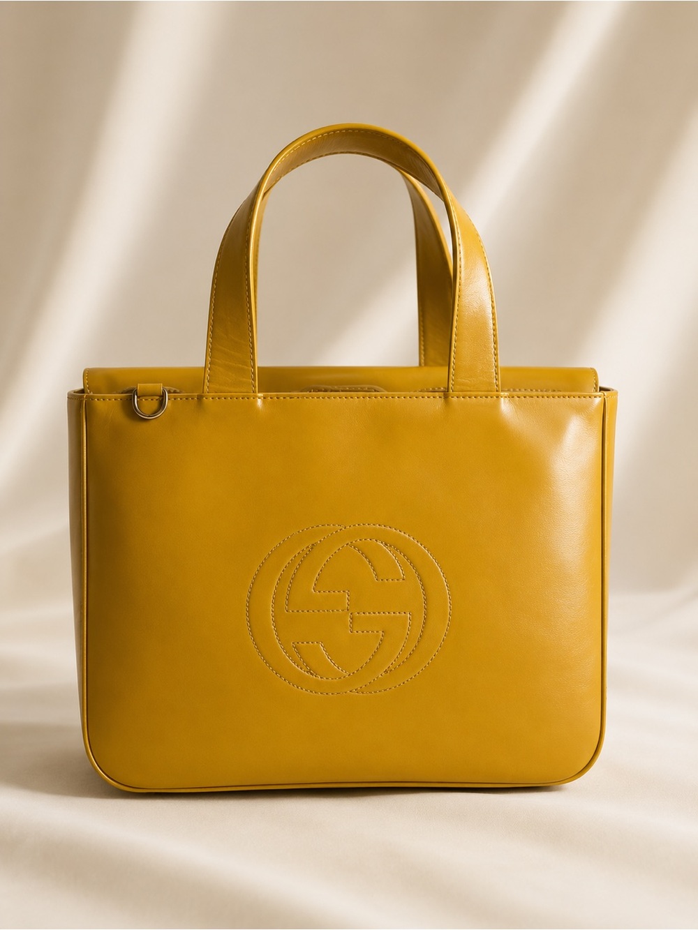 Gucci Soho Mustard Yellow Leather Tote Bag GG Embossed Logo Crossbody Purse